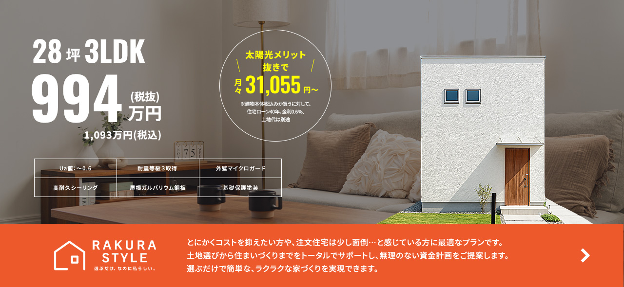 RAKURASTYLE とにかくコストを抑えたい方や、注文住宅は少し面倒…と感じている方に最適なプランです。土地選びから住まいづくりまでをトータルでサポートし、無理のない資金計画をご提案します。選ぶだけで簡単な、ラクラクな家づくりを実現できます。 28坪3LDK　994万円(税抜)1,093万円(税込)